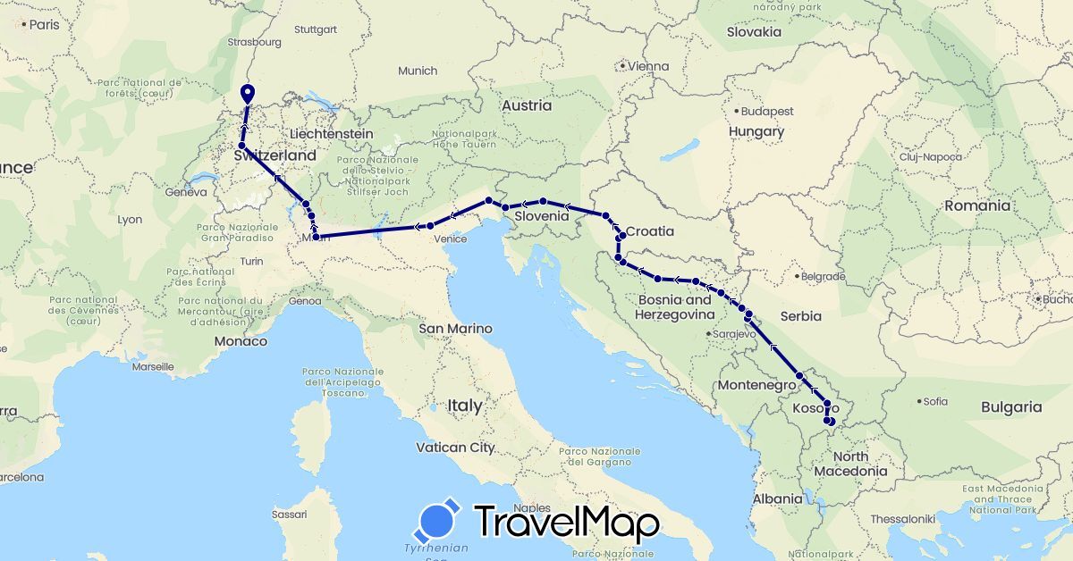TravelMap itinerary: driving in Bosnia and Herzegovina, Switzerland, Croatia, Italy, Serbia, Slovenia, Kosovo (Europe)